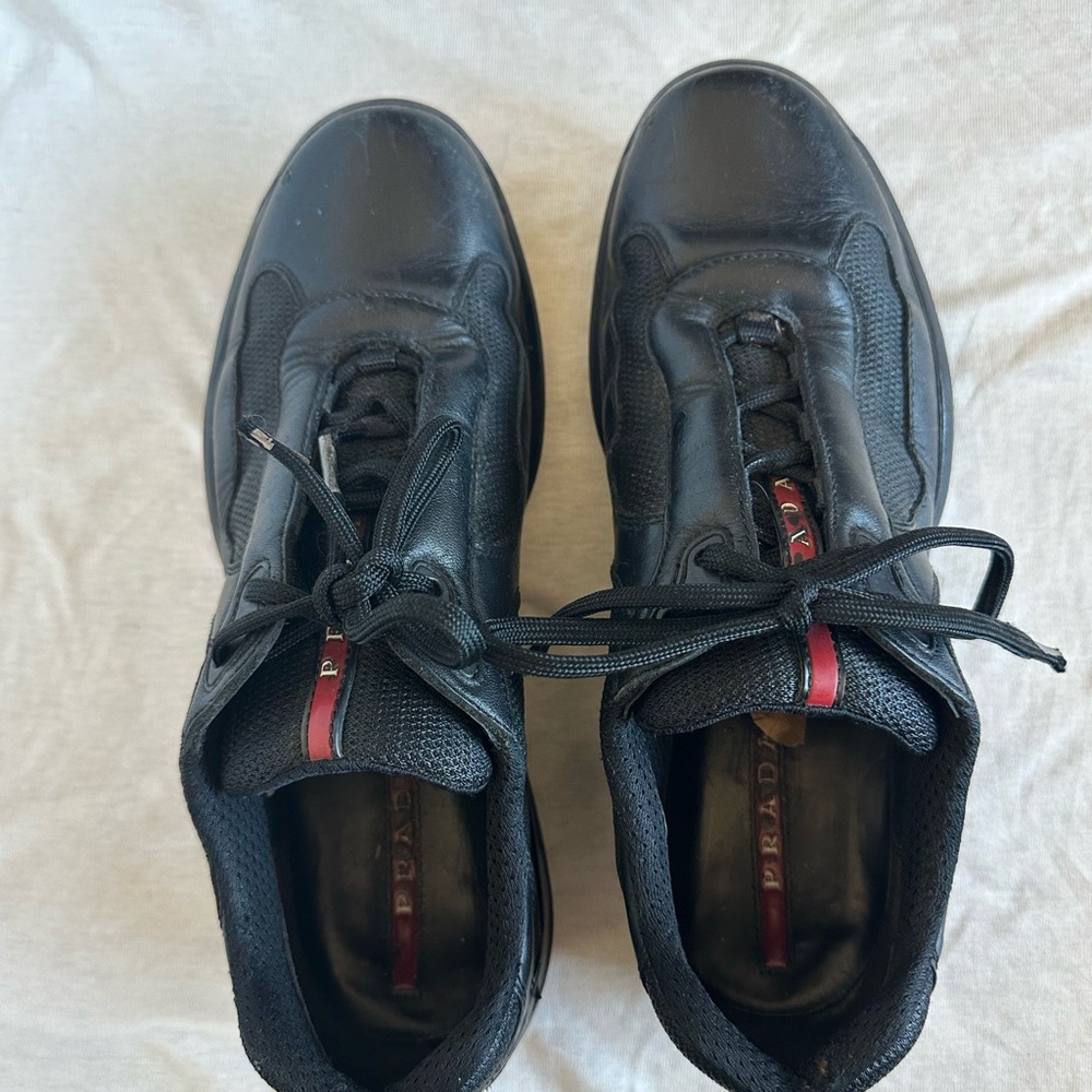 Prada America’s cup Men's Black Leather & Mesh Sneakers with Red Stripe - Picture 16 of 16